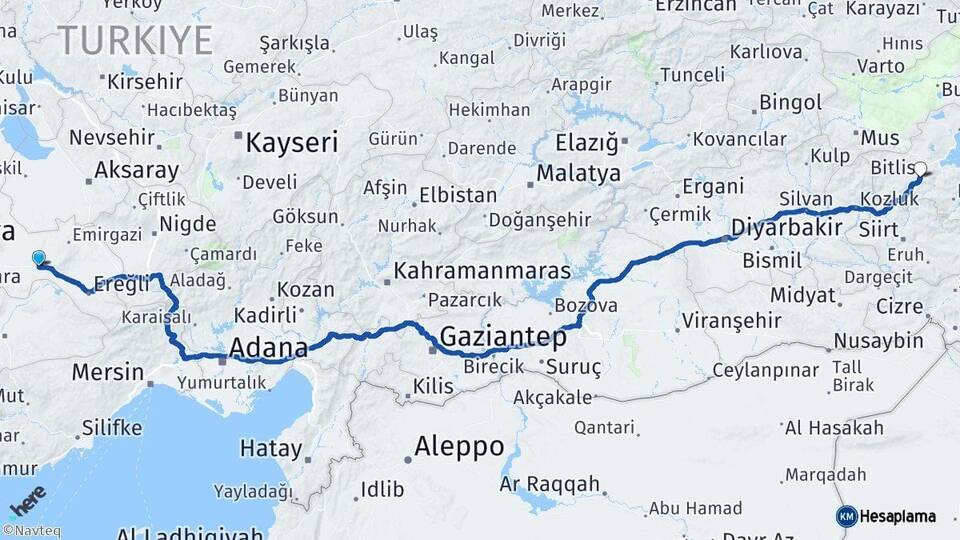 Konya Karapınar Bitlis Arası Kaç Km - Yol Haritası