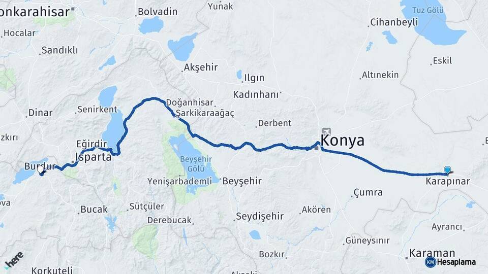 Konya Karapınar Burdur Arası Kaç Km - Yol Haritası