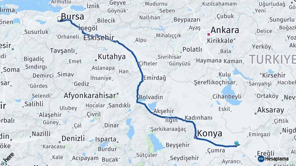 Konya Karapınar Bursa Arası Kaç Km - Yol Haritası