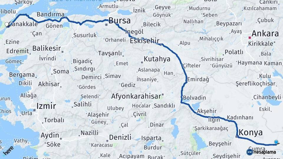 Konya Karapınar Çanakkale Arası Kaç Km - Yol Haritası