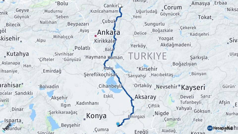 Konya Karapınar Çankırı Arası Kaç Km - Yol Haritası