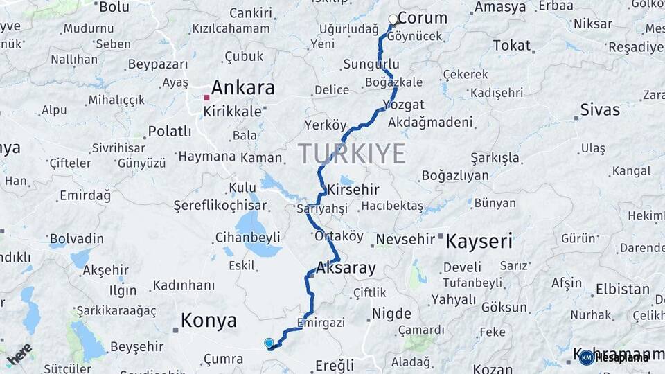 Konya Karapınar Çorum Arası Kaç Km - Yol Haritası