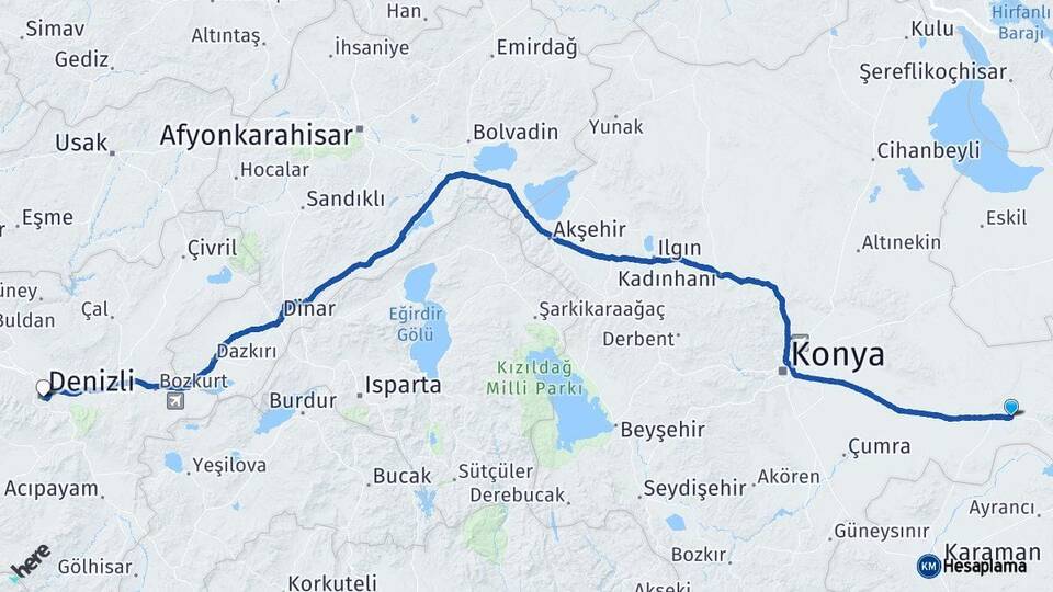 Konya Karapınar Denizli Arası Kaç Km - Yol Haritası