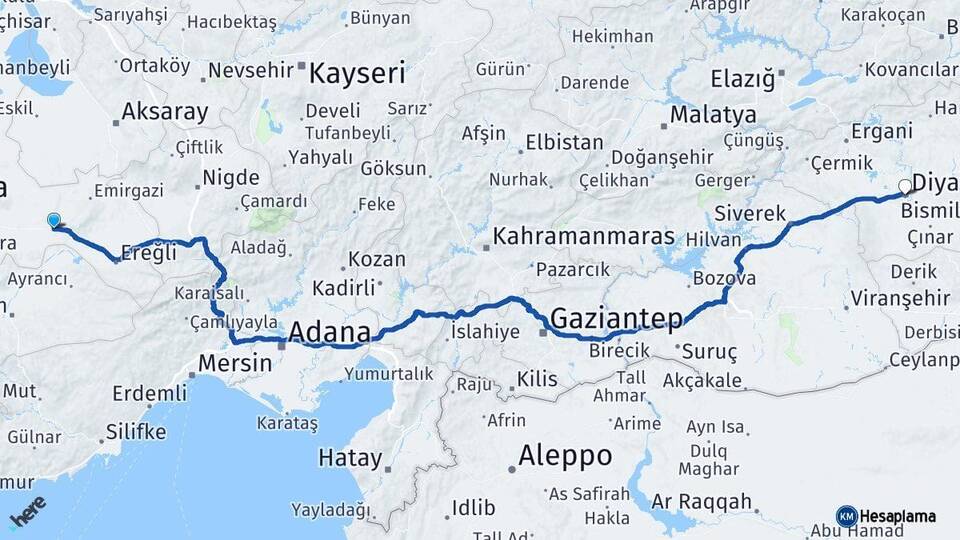 Konya Karapınar Diyarbakır Arası Kaç Km - Yol Haritası