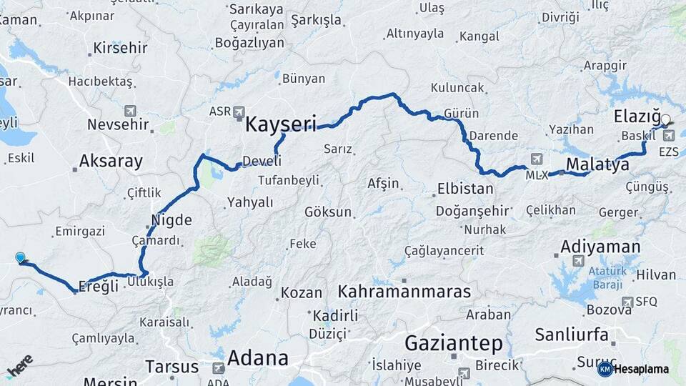 Konya Karapınar Elazığ Arası Kaç Km - Yol Haritası
