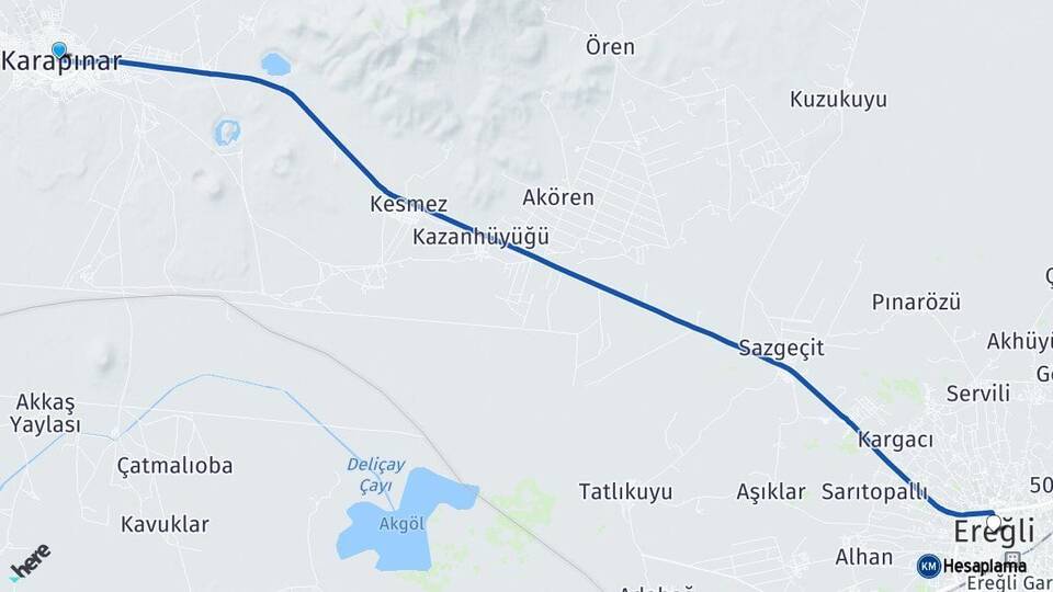 Konya Karapınar Ereğli Arası Kaç Km - Yol Haritası