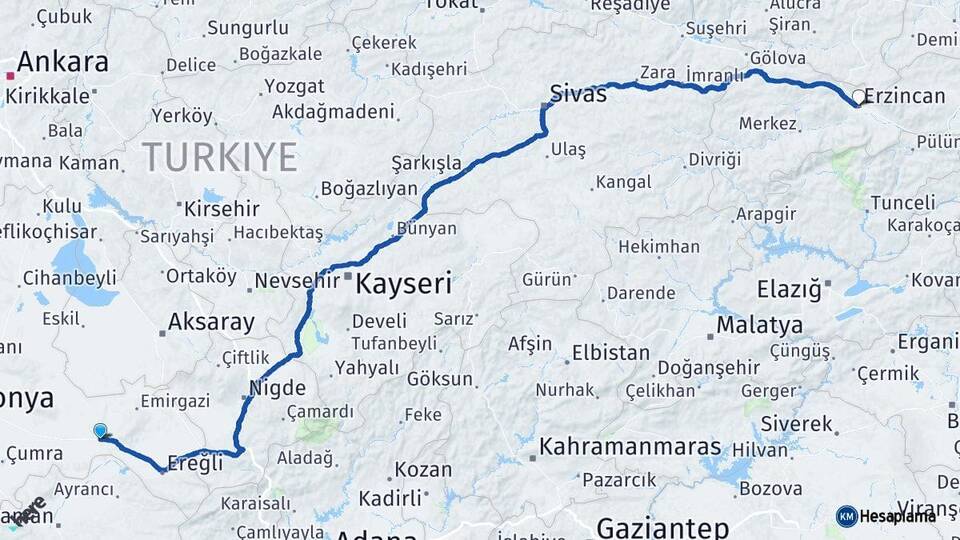 Konya Karapınar Erzincan Arası Kaç Km - Yol Haritası