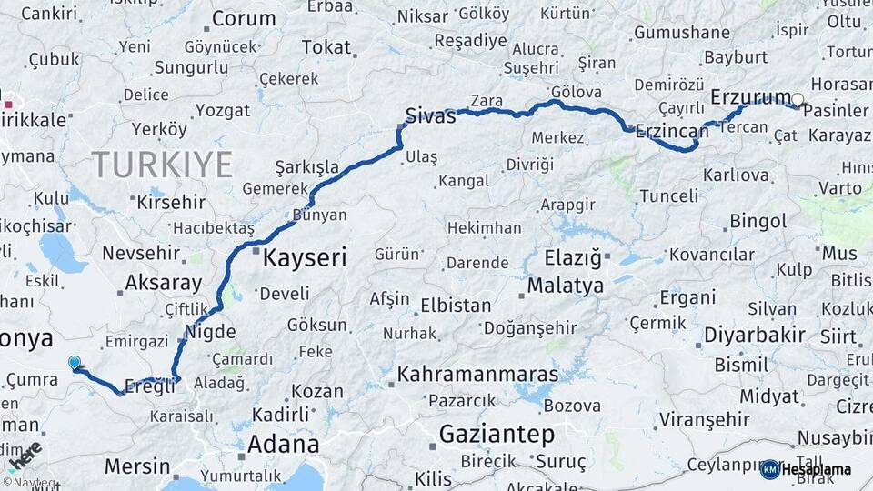 Konya Karapınar Erzurum Arası Kaç Km - Yol Haritası