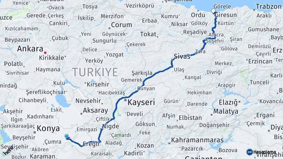 Konya Karapınar Giresun Arası Kaç Km - Yol Haritası