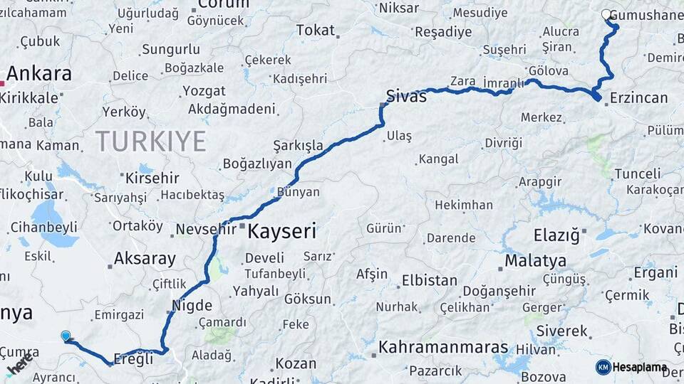 Konya Karapınar Gümüşhane Arası Kaç Km - Yol Haritası