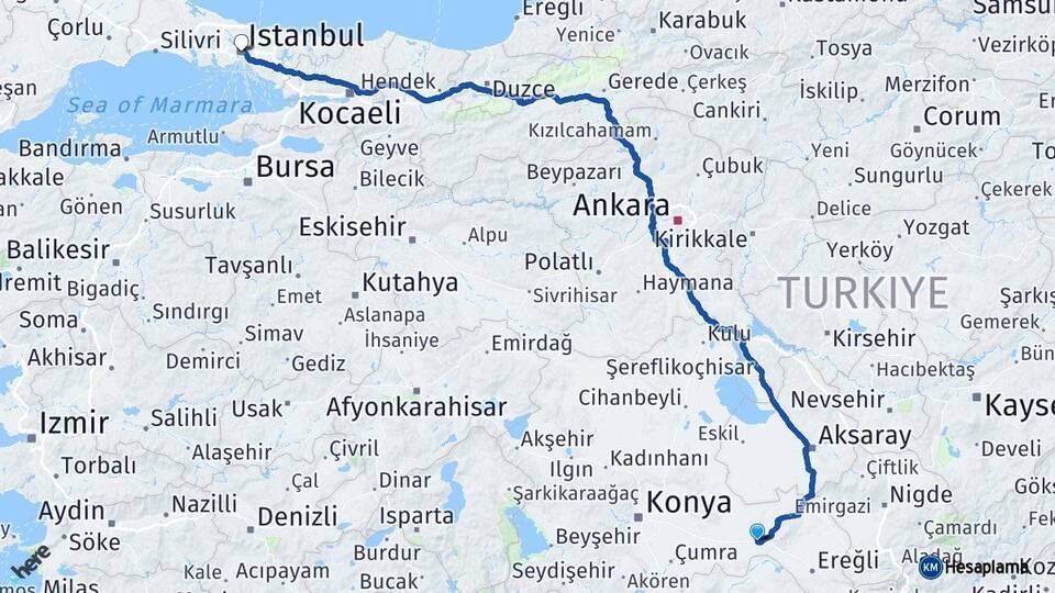 Konya Karapınar İstanbul Arası Kaç Km - Yol Haritası