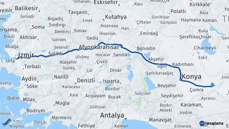 Konya Karapınar İzmir Arası Kaç Km - Yol Haritası