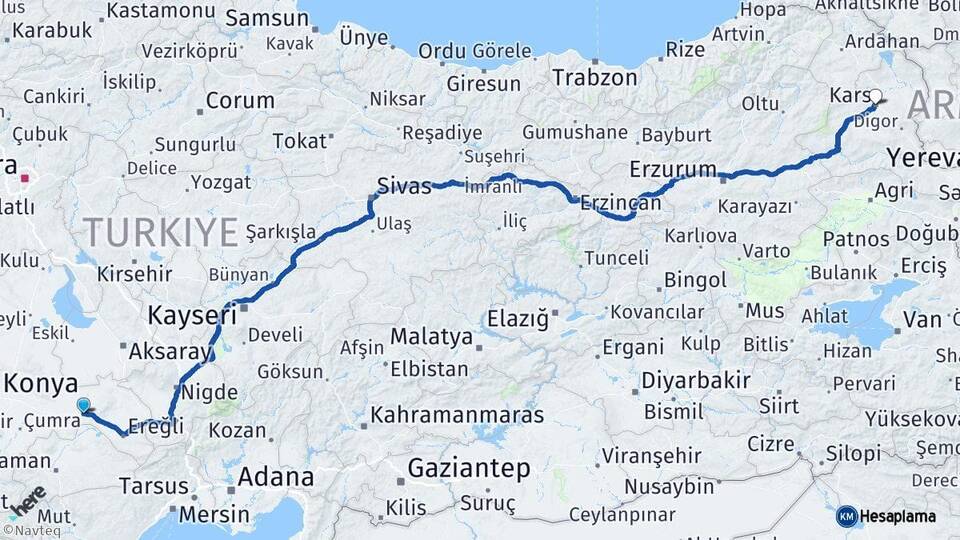 Konya Karapınar Kars Arası Kaç Km - Yol Haritası
