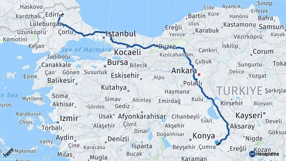 Konya Karapınar Kırklareli Arası Kaç Km - Yol Haritası