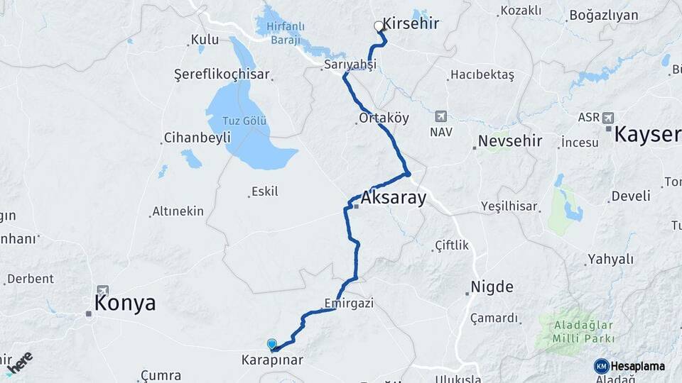 Konya Karapınar Kırşehir Arası Kaç Km - Yol Haritası