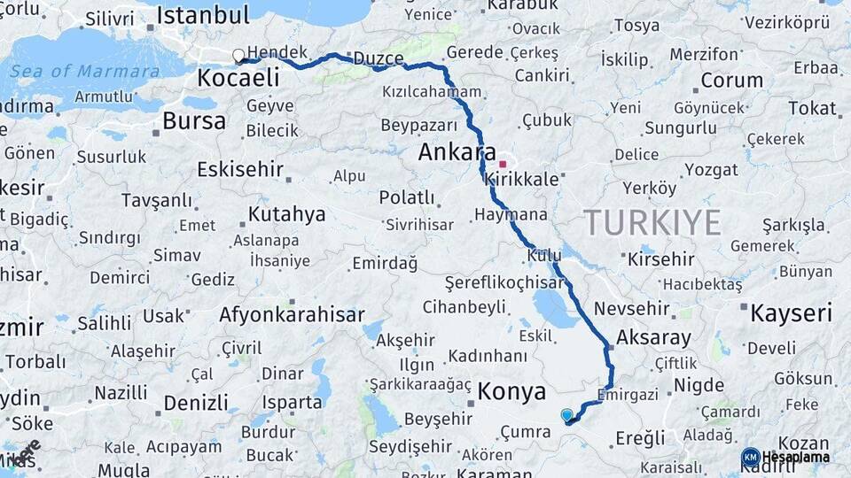 Konya Karapınar Kocaeli Arası Kaç Km - Yol Haritası