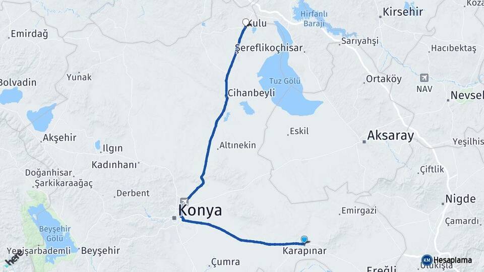 Konya Karapınar Kulu Arası Kaç Km - Yol Haritası