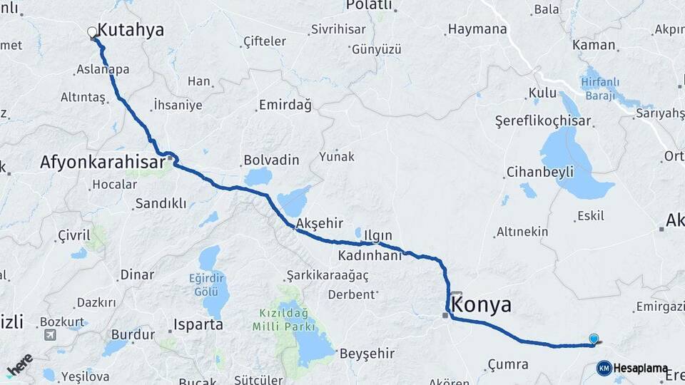 Konya Karapınar Kütahya Arası Kaç Km - Yol Haritası