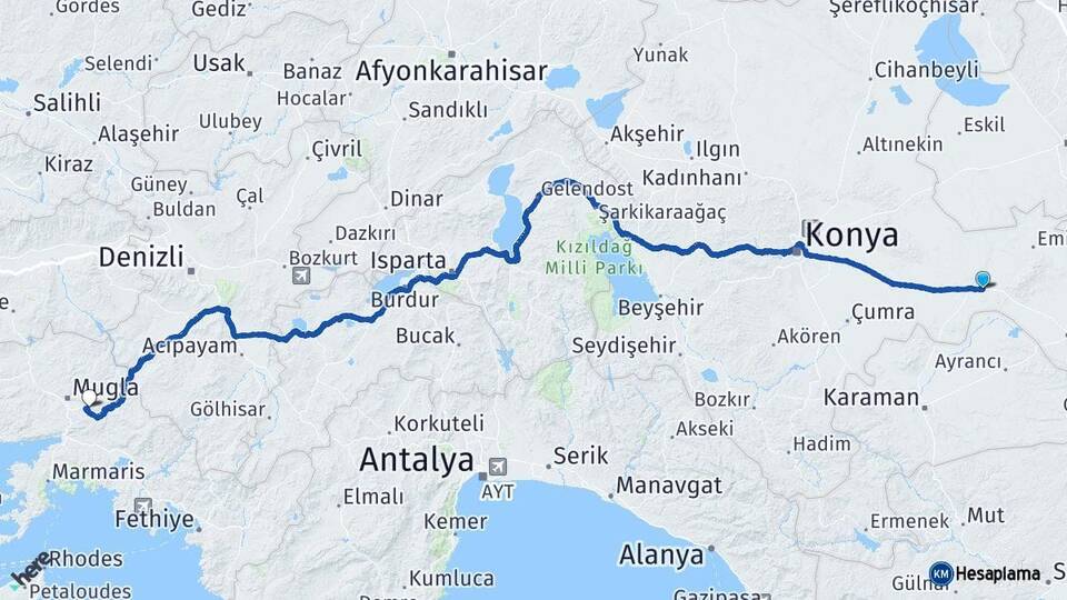 Konya Karapınar Muğla Arası Kaç Km - Yol Haritası