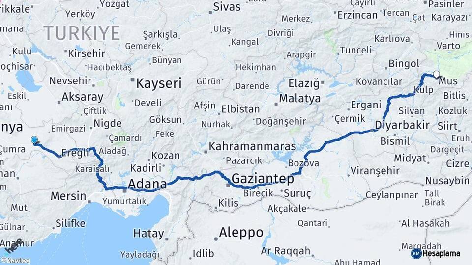 Konya Karapınar Muş Arası Kaç Km - Yol Haritası