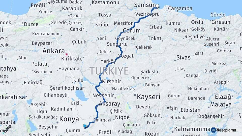Konya Karapınar Samsun Arası Kaç Km - Yol Haritası