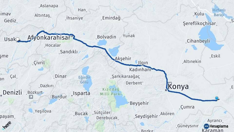 Konya Karapınar Uşak Arası Kaç Km - Yol Haritası