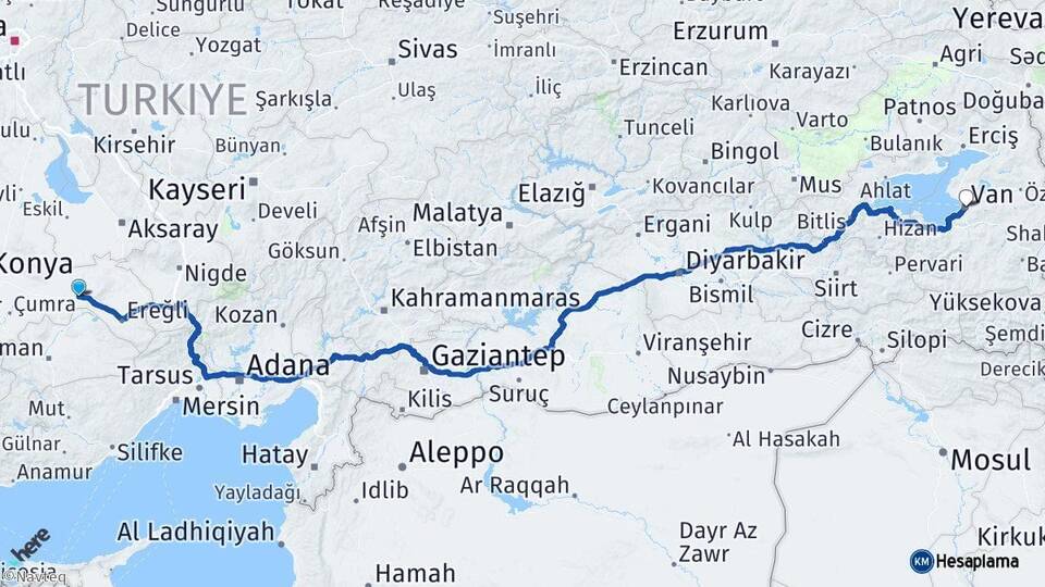 Konya Karapınar Van Arası Kaç Km - Yol Haritası
