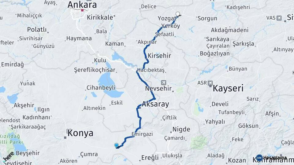 Konya Karapınar Yozgat Arası Kaç Km - Yol Haritası