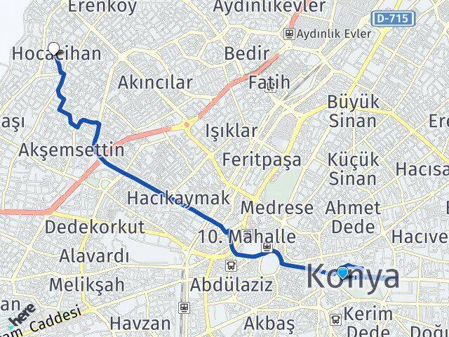 Konya Karatay Hocacihan Selçuklu Arası Kaç Km - Yol Haritası