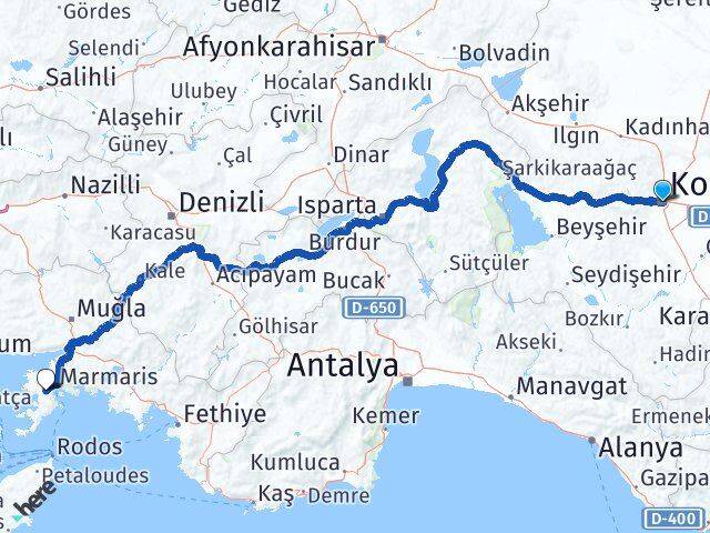 Konya Karatay İçmeler Marmaris Muğla Arası Kaç Km - Yol Haritası