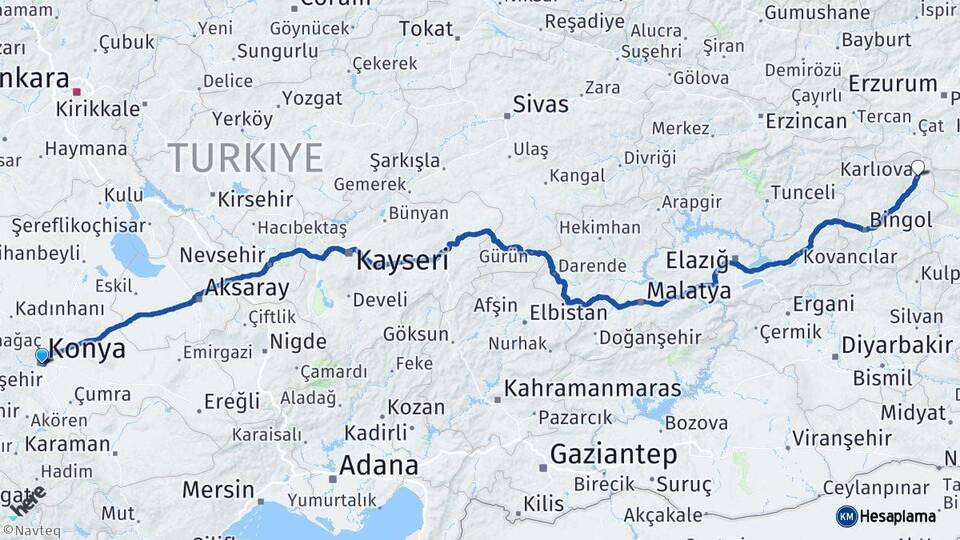 Konya Karlıova Bingöl Arası Kaç Km - Yol Haritası