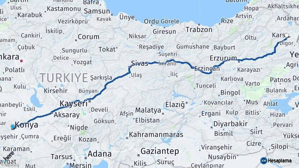 Konya Kars Arası Kaç Km - Yol Haritası