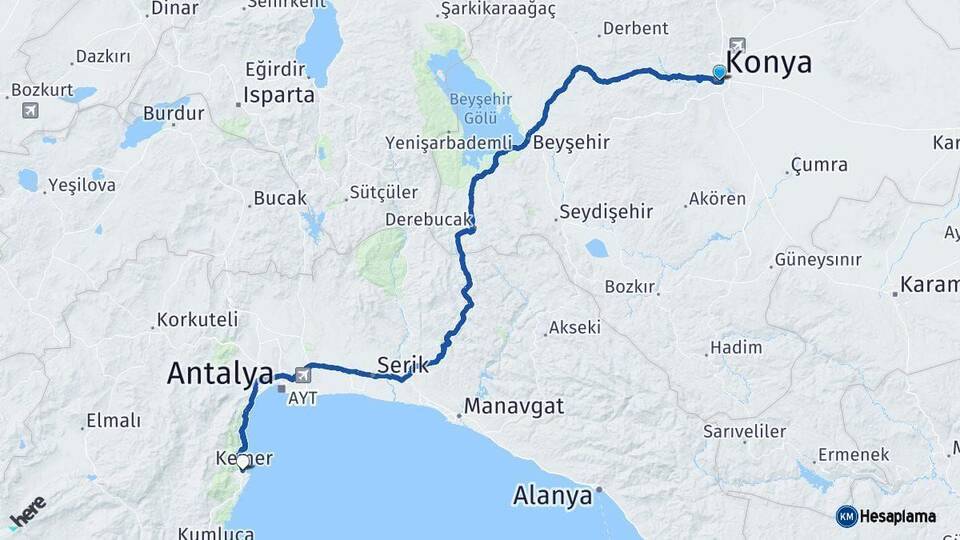 Konya Kemer Antalya Arası Kaç Km - Yol Haritası