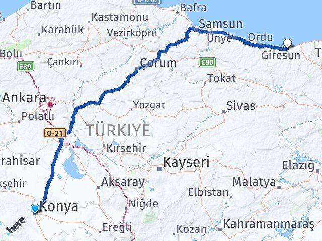 Konya Keşap Giresun Arası Kaç Km - Yol Haritası