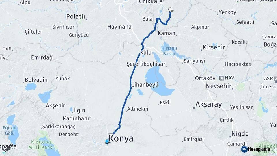 Konya Keskin Kırıkkale Arası Kaç Km - Yol Haritası