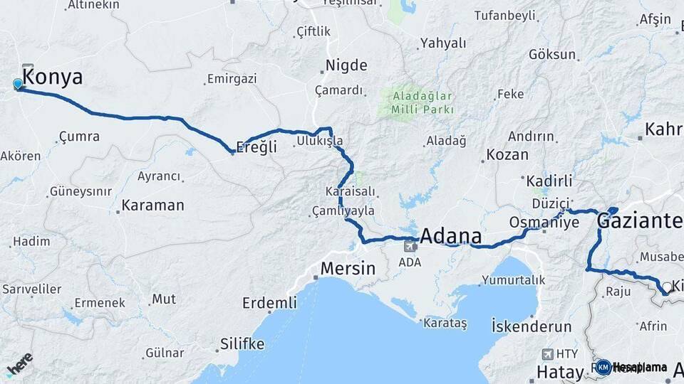 Konya Kilis Arası Kaç Km - Yol Haritası