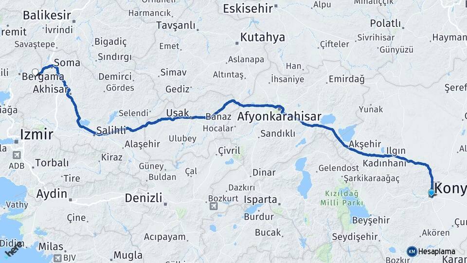 Konya Kınık İzmir Arası Kaç Km - Yol Haritası