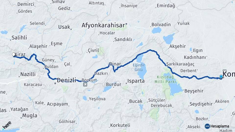 Konya Kiraz İzmir Arası Kaç Km - Yol Haritası