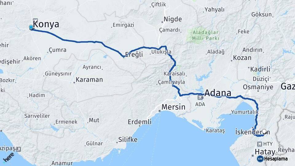 Konya Kırıkhan Hatay Arası Kaç Km - Yol Haritası