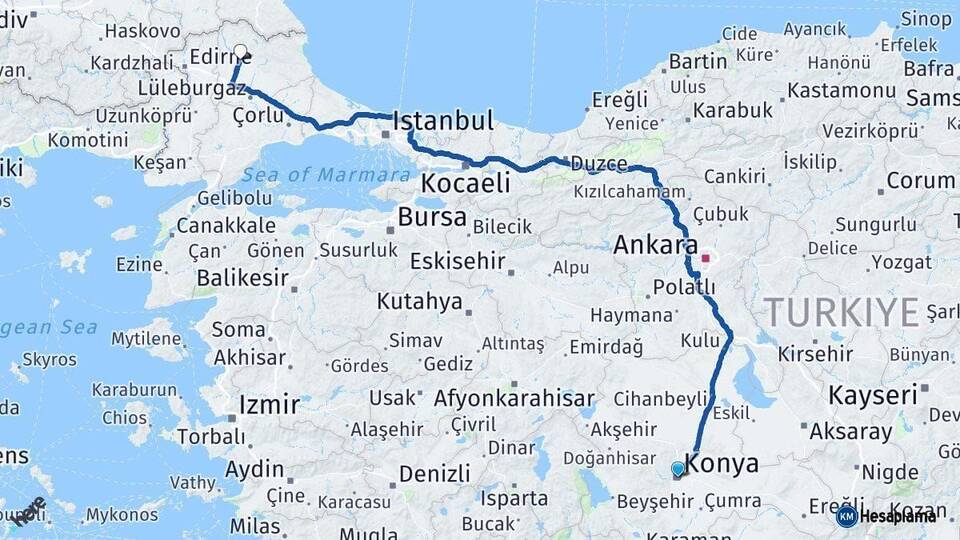 Konya Kırklareli Arası Kaç Km - Yol Haritası