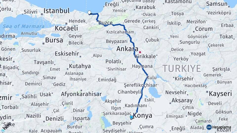Konya Kocaali Sakarya Arası Kaç Km - Yol Haritası
