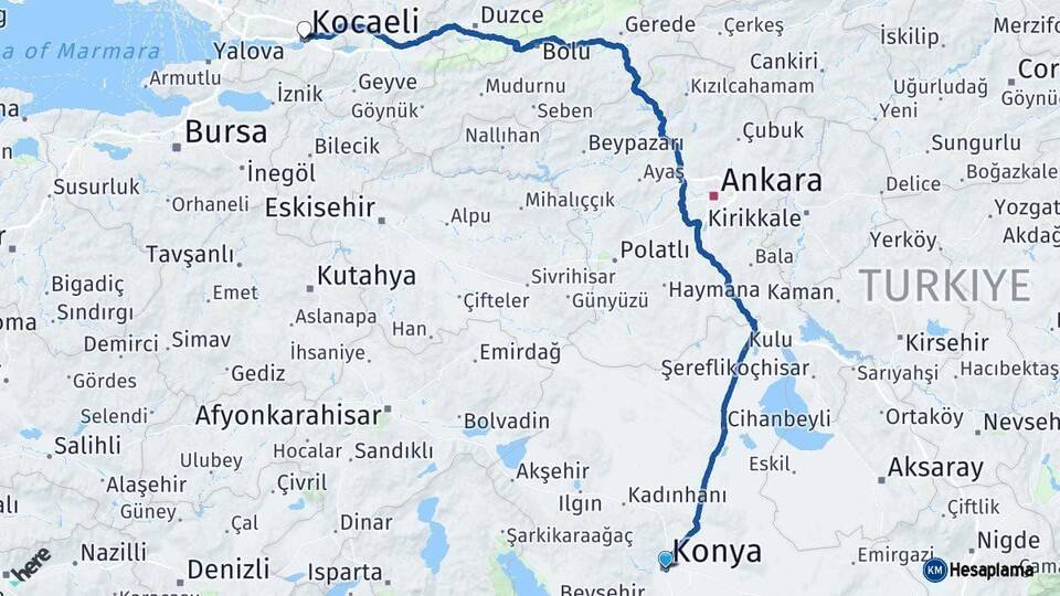 Konya Kocaeli Arası Kaç Km - Yol Haritası