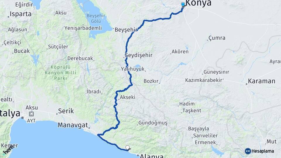 Konya Konaklı Alanya Antalya Arası Kaç Km - Yol Haritası