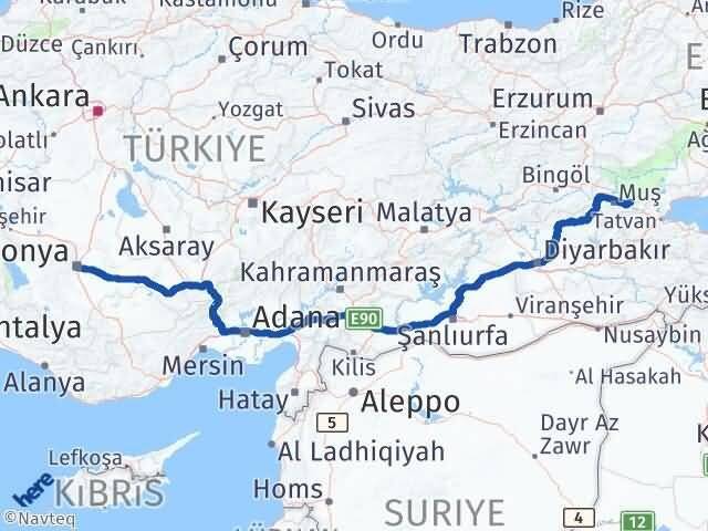 Konya Korkut Muş Arası Kaç Km - Yol Haritası