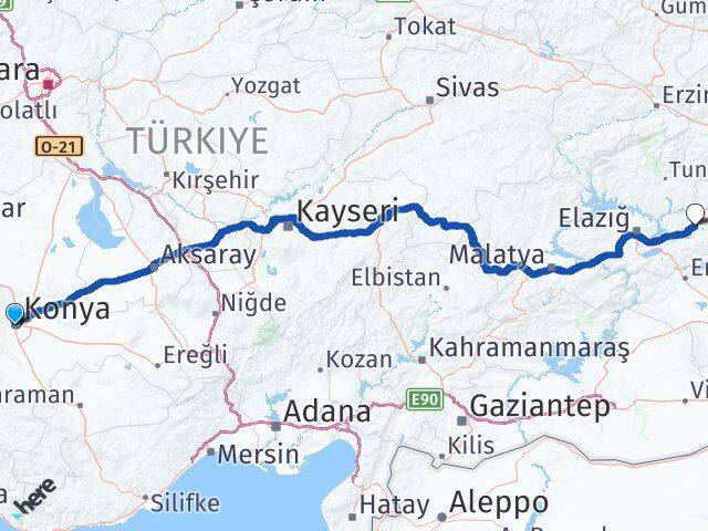 Konya Kovancılar Elazığ Arası Kaç Km - Yol Haritası