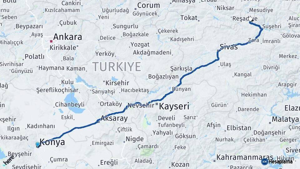 Konya Koyulhisar Sivas Arası Kaç Km - Yol Haritası