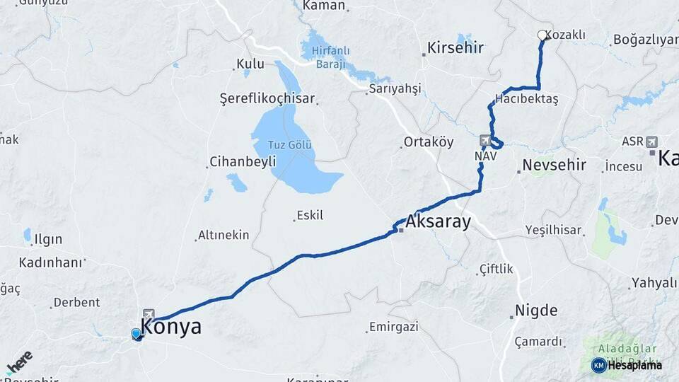 Konya Kozaklı Nevşehir Arası Kaç Km - Yol Haritası