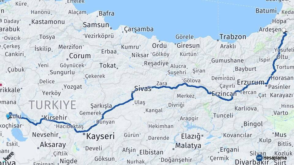 Konya Kulu Artvin Arası Kaç Km - Yol Haritası