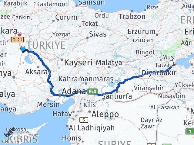 Konya Kulu Bitlis Arası Kaç Km - Yol Haritası