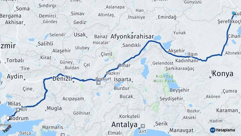 Konya Kulu Bodrum Muğla Arası Kaç Km - Yol Haritası